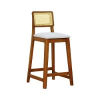 Banqueta Gabi Madeira Maciça Encosto Telinha C- 68cm Altura - Amêndoa Assento Estofado Linho Bege - 1