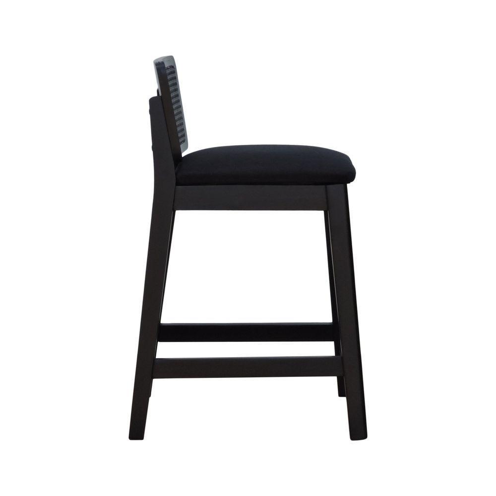 Banqueta Média Gabi Madeira Maciça Telinha - Preto Assento Estofado Linho Preto Textura - 5