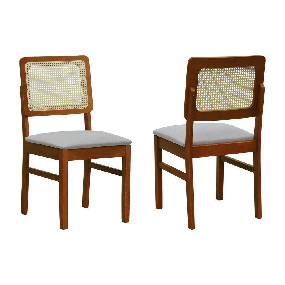 Kit 2 Cadeiras Madeira Maciça Lyon Encosto Telinha Natural - Amêndoa Assento Estofado Linho Bege Mescla Impermeável - 1