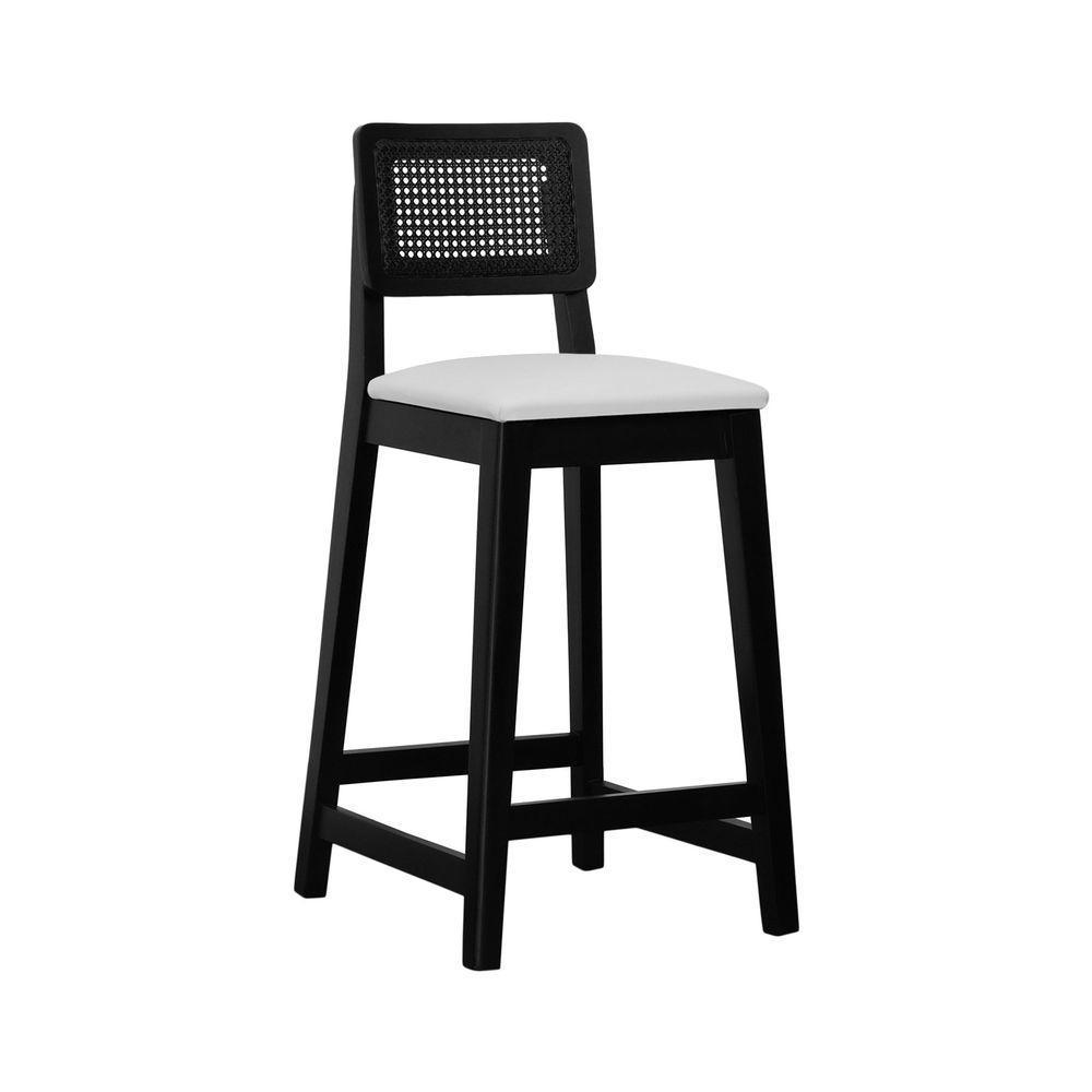 Banqueta Gabi Madeira Maciça Encosto C- Telinha C- 68cm Altura - Preto Assento Estofado Corano Bege - 1