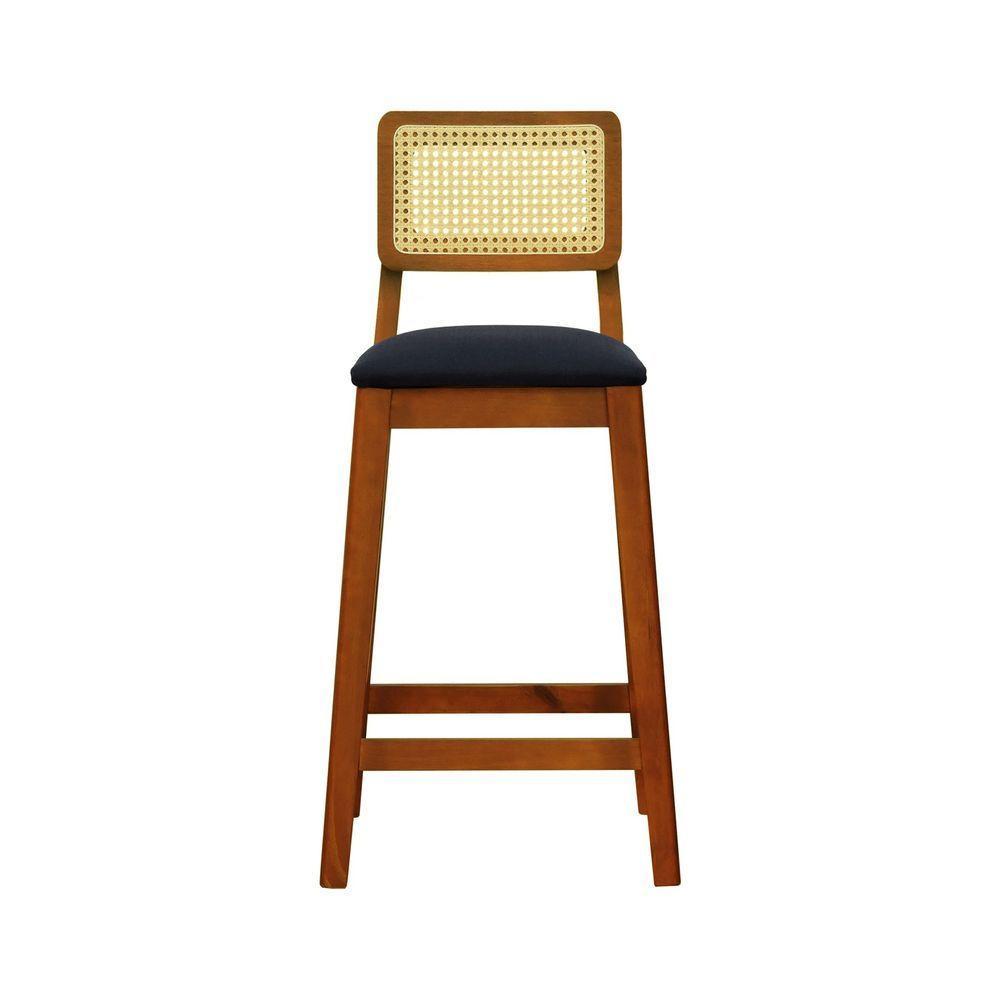 Banqueta Gabi Madeira Maciça Encosto Telinha C- 68cm Altura - Amêndoa Assento Estofado Linho Preto Textura - 2