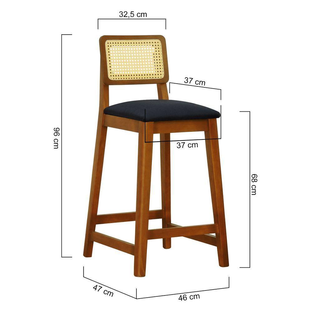 Banqueta Gabi Madeira Maciça Encosto Telinha C- 68cm Altura - Amêndoa Assento Estofado Linho Preto Textura - 5