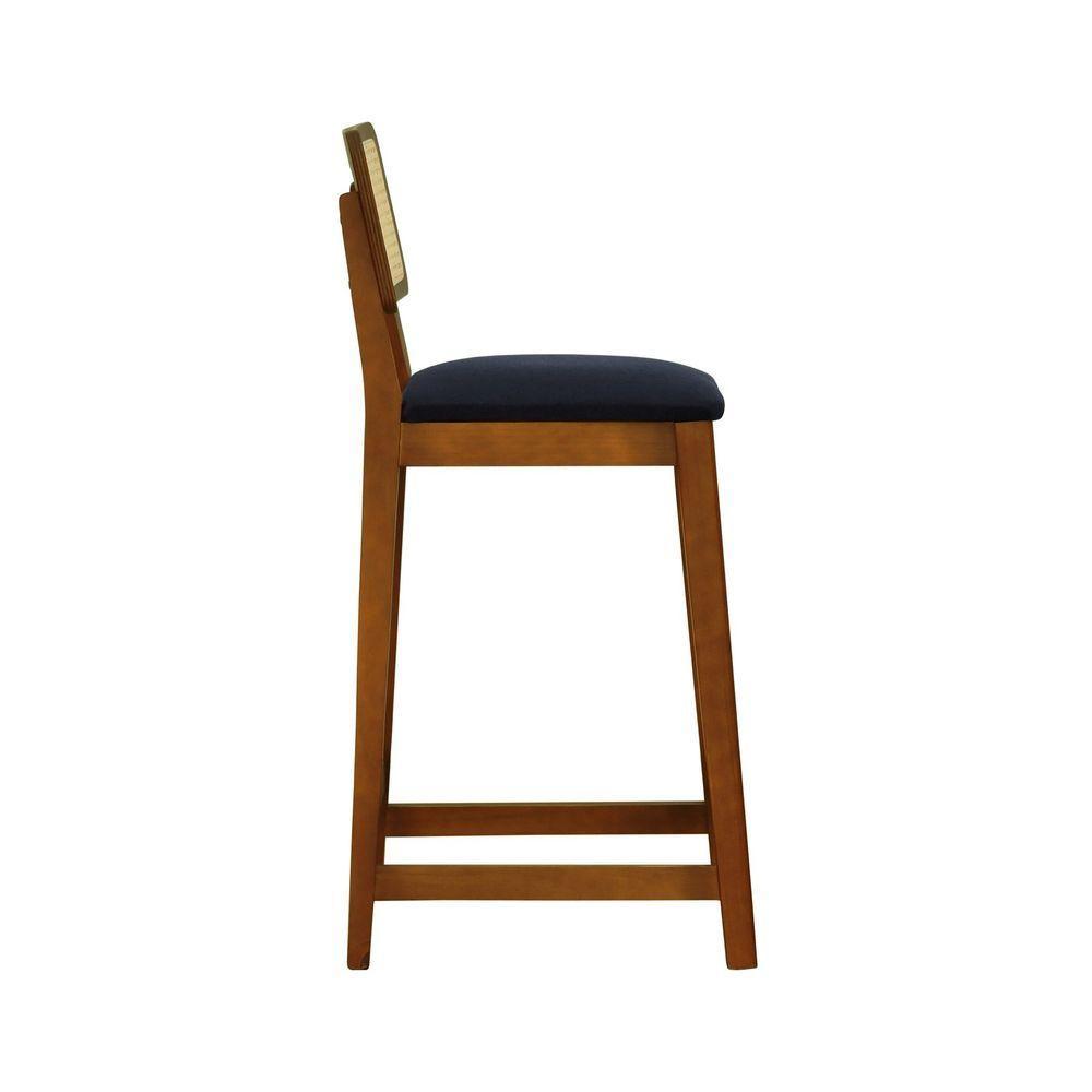 Banqueta Gabi Madeira Maciça Encosto Telinha C- 68cm Altura - Amêndoa Assento Estofado Linho Preto Textura - 6