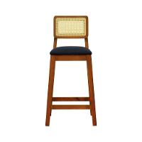 Banqueta Gabi Madeira Maciça Encosto Telinha C- 68cm Altura - Amêndoa Assento Estofado Linho Preto Textura - 2