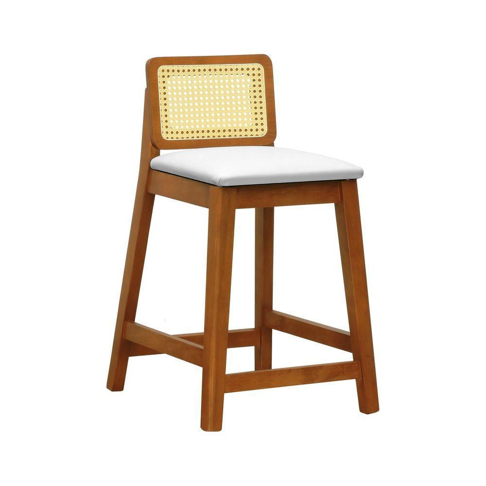 Banqueta Média Gabi Madeira Maciça Telinha Natural - Amêndoa Assento Estofado Corano Bege - 1