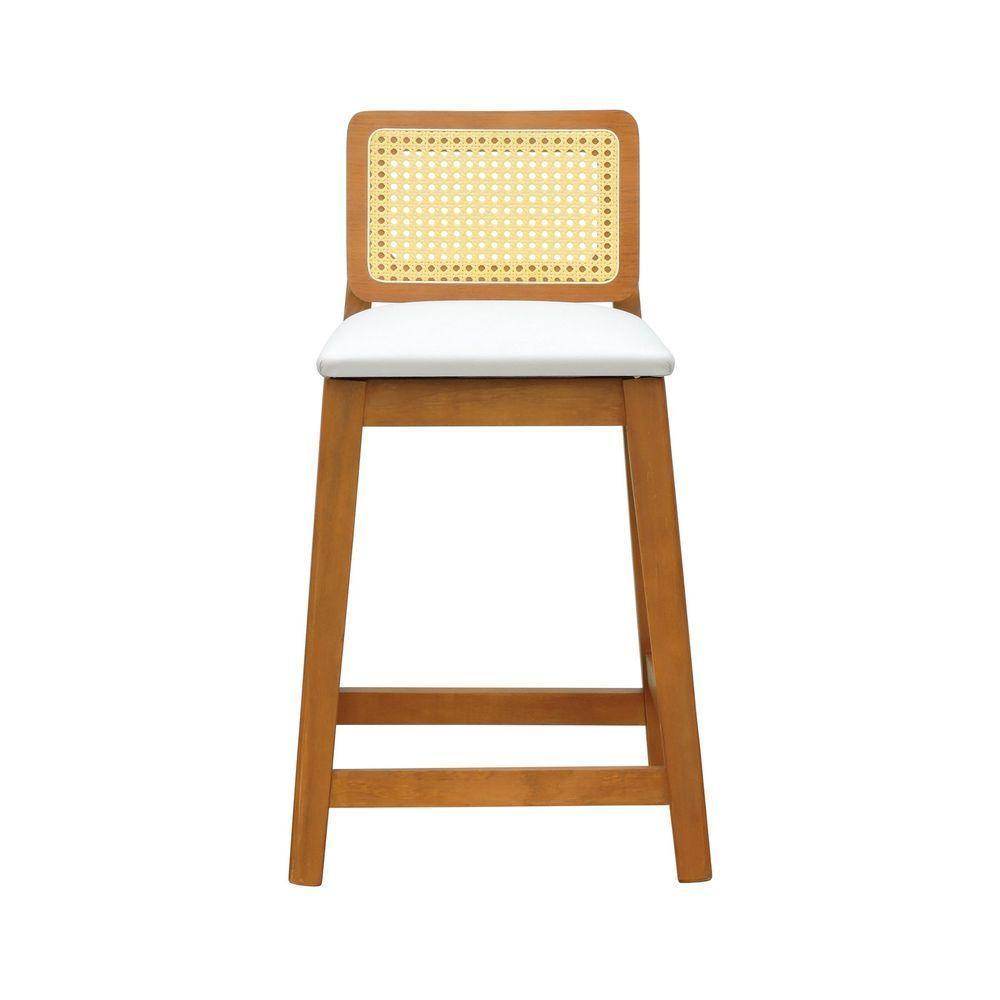 Banqueta Média Gabi Madeira Maciça Telinha Natural - Amêndoa Assento Estofado Corano Bege - 5