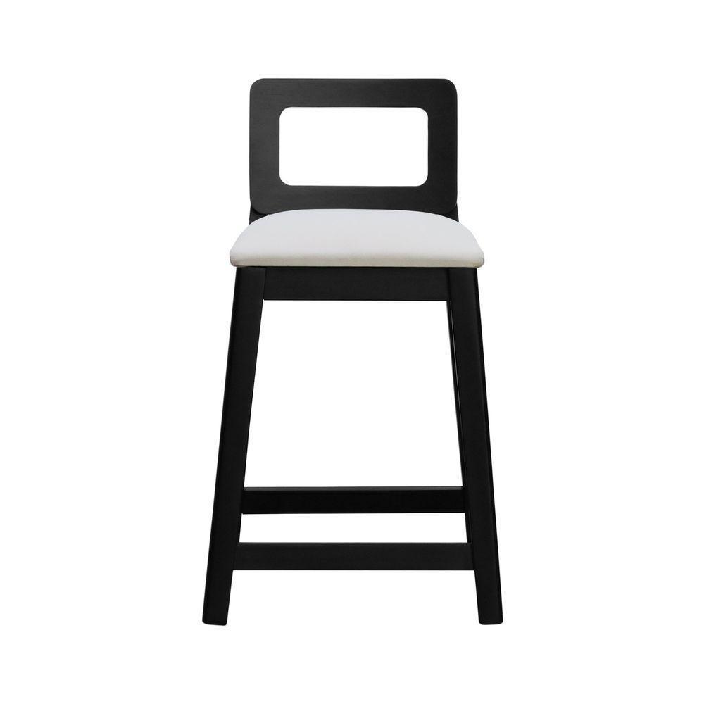 Banqueta Média River Madeira Maciça - Preto Assento Estofado Linho Bege - 6