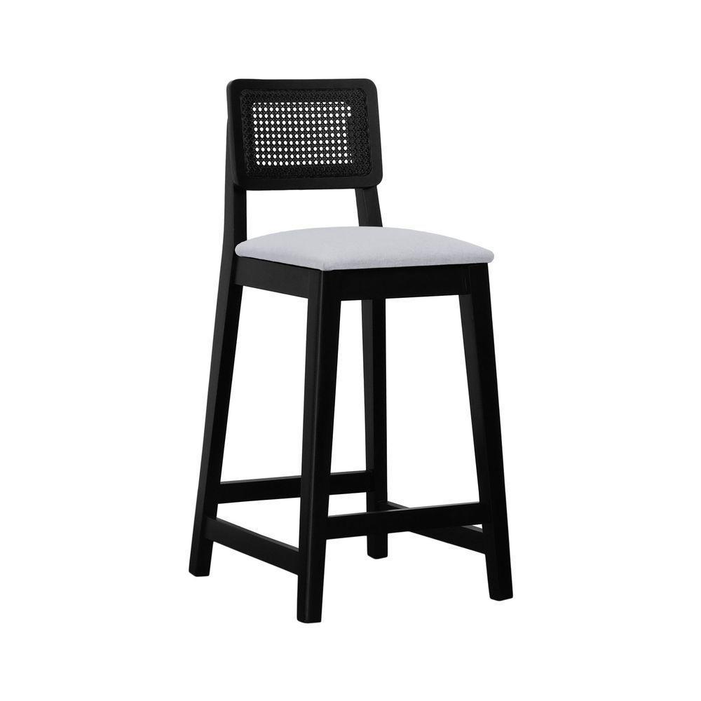 Banqueta Gabi Madeira Maciça Encosto C- Telinha C- 68cm Altura - Preto Assento Estofado Linho Bege Mescla Impermeável - 1