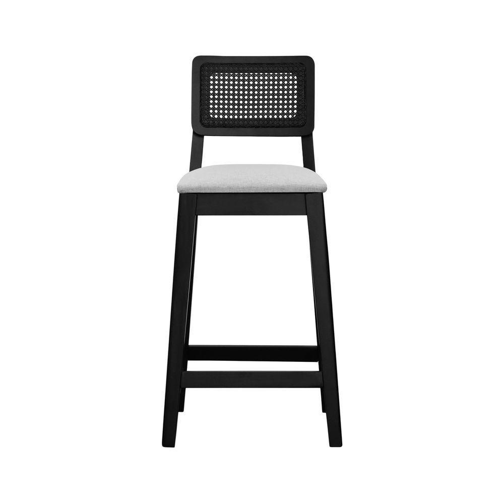 Banqueta Gabi Madeira Maciça Encosto C- Telinha C- 68cm Altura - Preto Assento Estofado Linho Bege Mescla Impermeável - 5