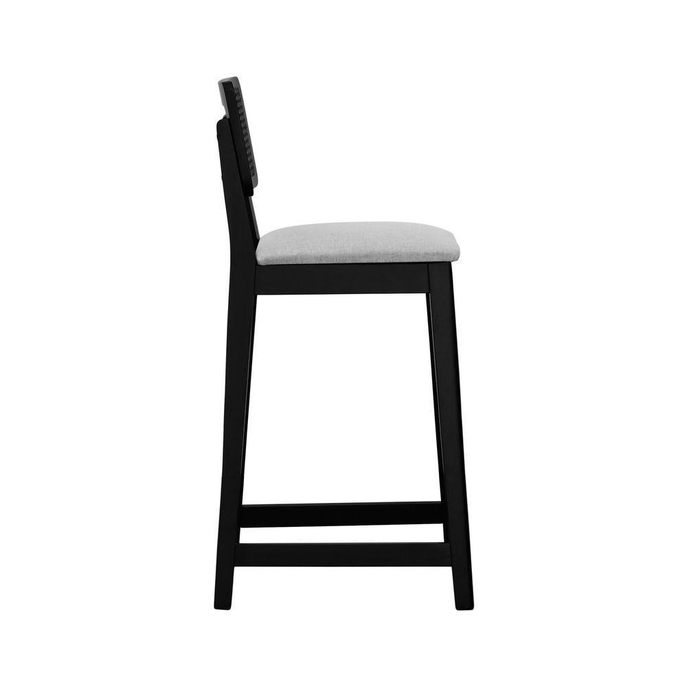 Banqueta Gabi Madeira Maciça Encosto C- Telinha C- 68cm Altura - Preto Assento Estofado Linho Bege Mescla Impermeável - 7