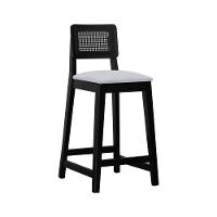 Banqueta Gabi Madeira Maciça Encosto C- Telinha C- 68cm Altura - Preto Assento Estofado Linho Bege Mescla Impermeável - 1