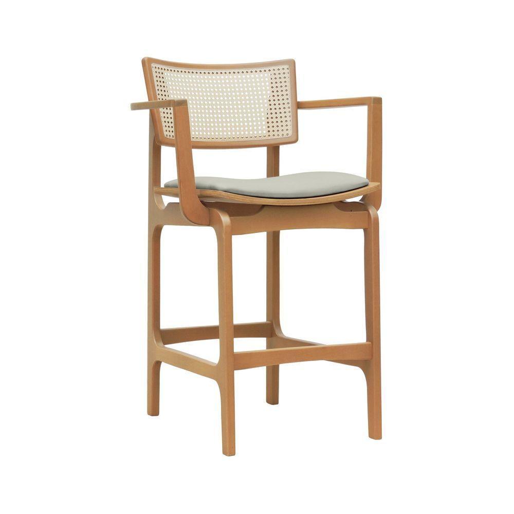 Banqueta Alta Bistrô Apollo Com Braços Encosto Telinha Natural E Assento Anatômico - Natural Estofado Linho Bege - 1