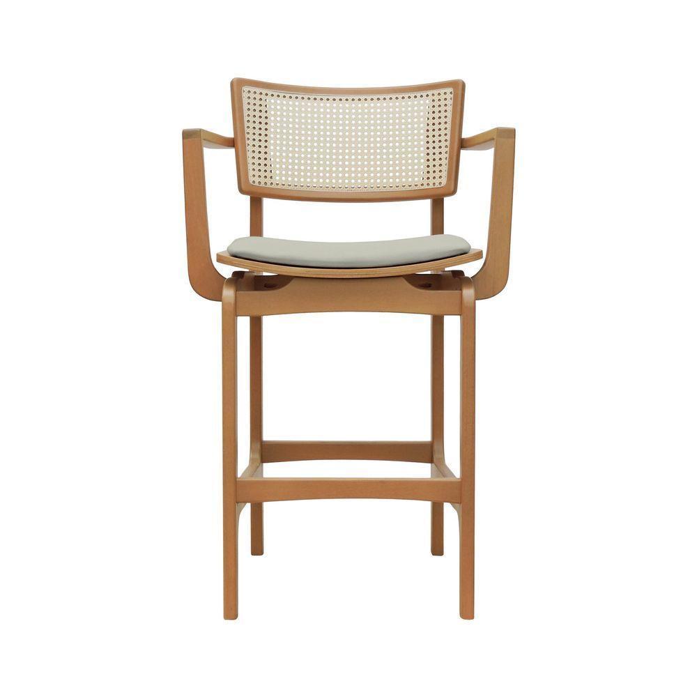Banqueta Alta Bistrô Apollo Com Braços Encosto Telinha Natural E Assento Anatômico - Natural Estofado Linho Bege - 7