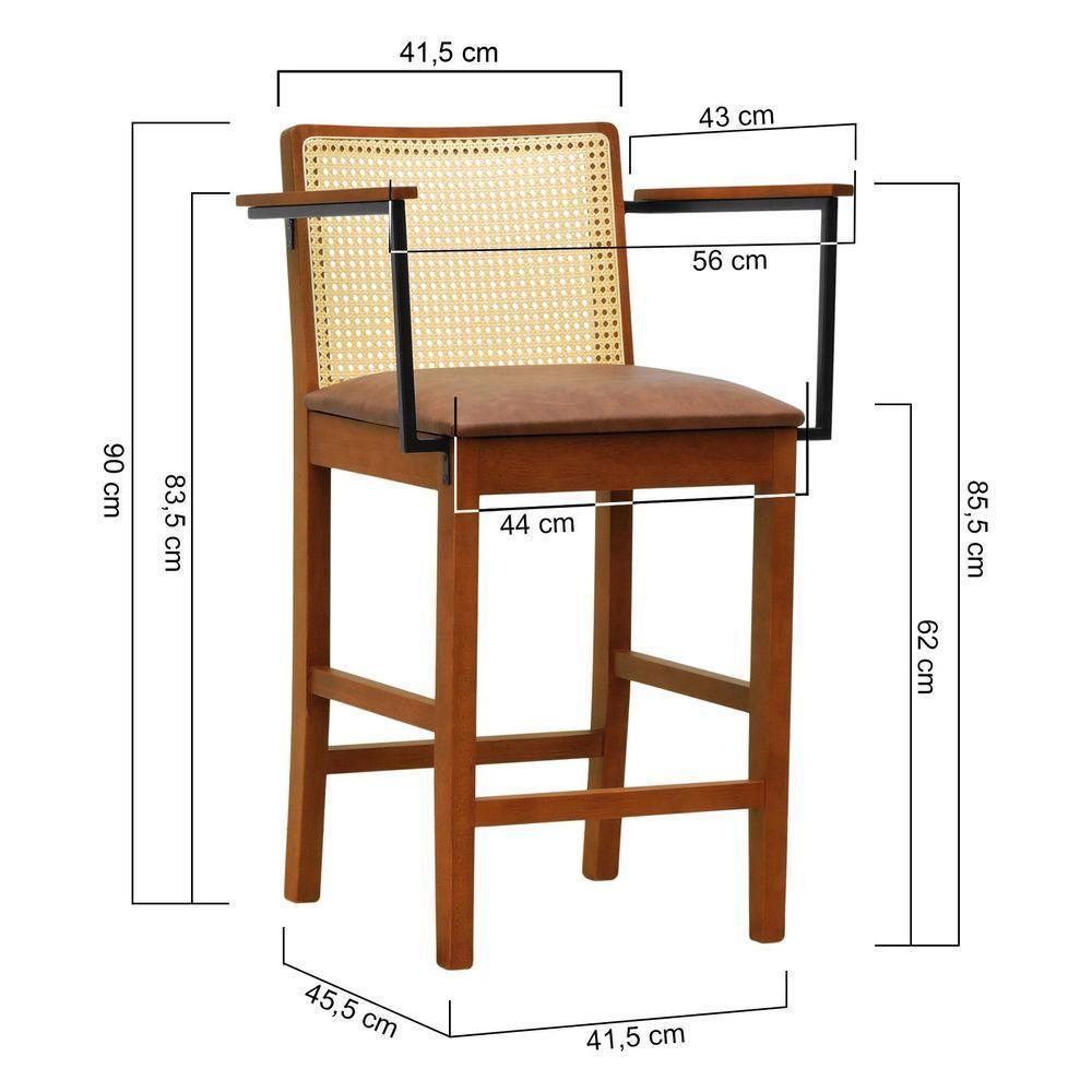 Banqueta Média Com Telinha Pérola Madeira Maciça C- Braço Metal - Amêndoa Assento Estofado Corano Marrom Mescla - 2
