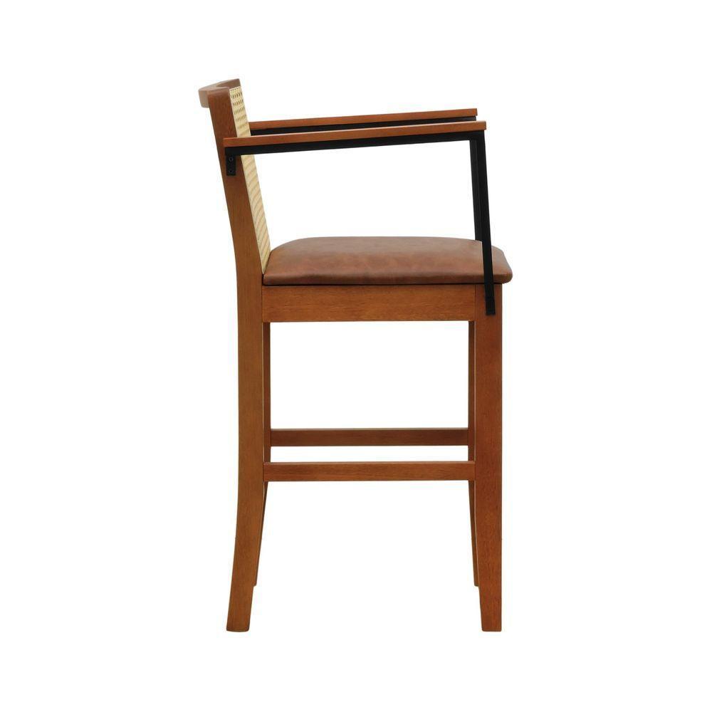 Banqueta Média Com Telinha Pérola Madeira Maciça C- Braço Metal - Amêndoa Assento Estofado Corano Marrom Mescla - 4