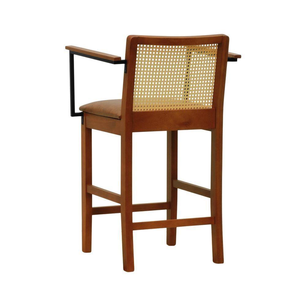 Banqueta Média Com Telinha Pérola Madeira Maciça C- Braço Metal - Amêndoa Assento Estofado Corano Marrom Mescla - 5