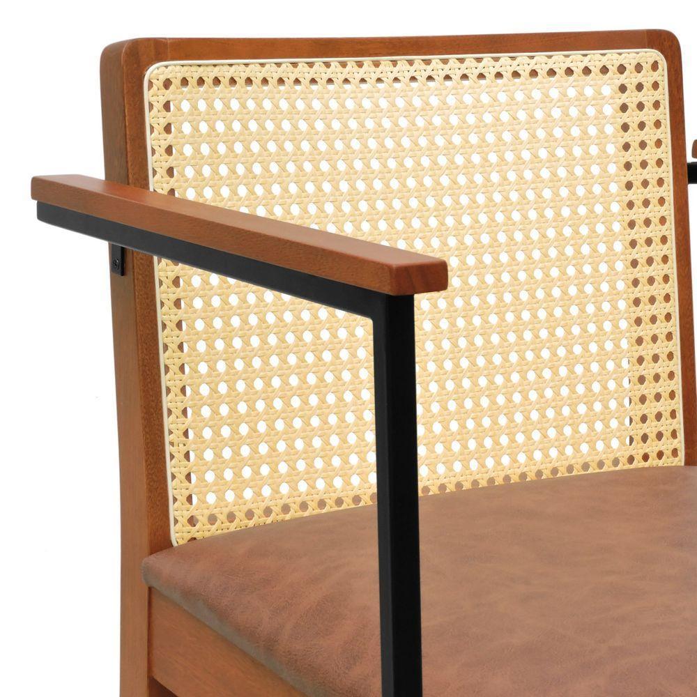 Banqueta Média Com Telinha Pérola Madeira Maciça C- Braço Metal - Amêndoa Assento Estofado Corano Marrom Mescla - 7