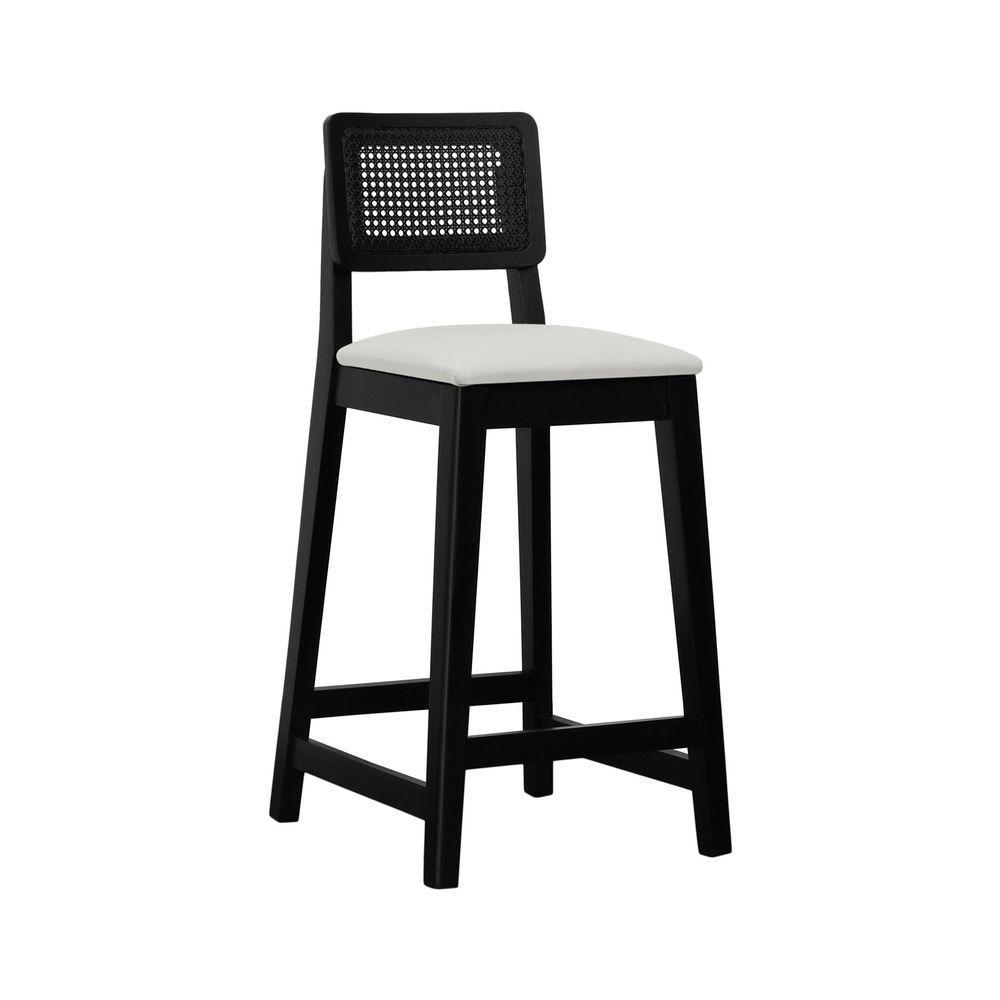 Banqueta Gabi Madeira Maciça Encosto C- Telinha C- 68cm Altura - Preto Assento Estofado Linho Bege - 1