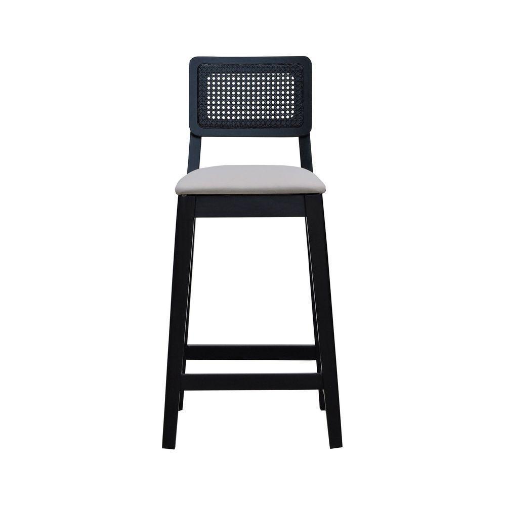 Banqueta Gabi Madeira Maciça Encosto C- Telinha C- 68cm Altura - Preto Assento Estofado Linho Bege - 6