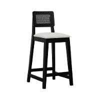 Banqueta Gabi Madeira Maciça Encosto C- Telinha C- 68cm Altura - Preto Assento Estofado Linho Bege - 1