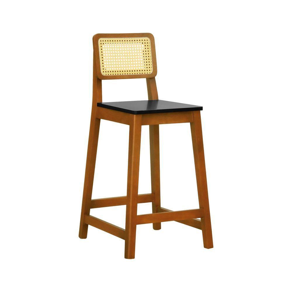 Banqueta Gabi Madeira Maciça Encosto Telinha C- 68cm Altura - Amêndoa Assento Preto Madeira - 1