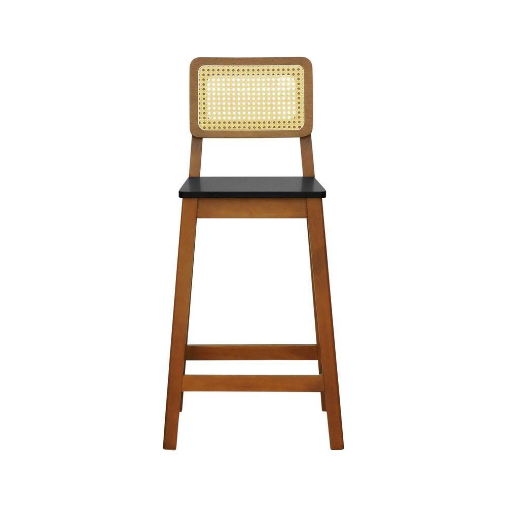 Banqueta Gabi Madeira Maciça Encosto Telinha C- 68cm Altura - Amêndoa Assento Preto Madeira - 2