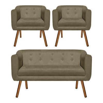 Kit 01 Namoradeira e 02 Poltronas Julia Suede Pés Palito