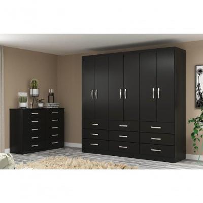 Guarda Roupa Casal Bergamo 6 Portas de Bater 9 Gavetas Black Black MDP