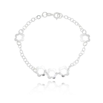 Pulseira Feminina Com Flores Prata 925 - 17cm
