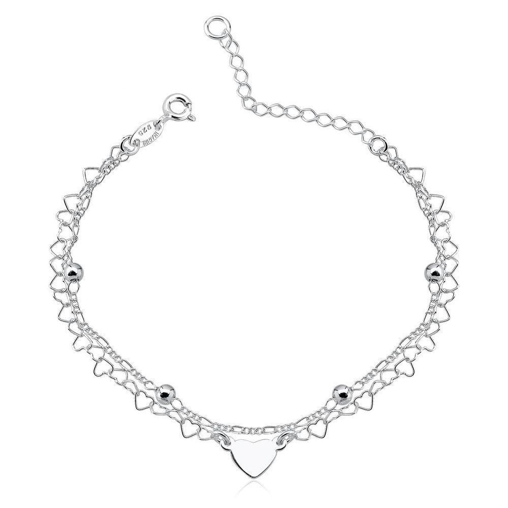 Pulseira Dupla Bolas 3mm E Corações Prata 925 - 1