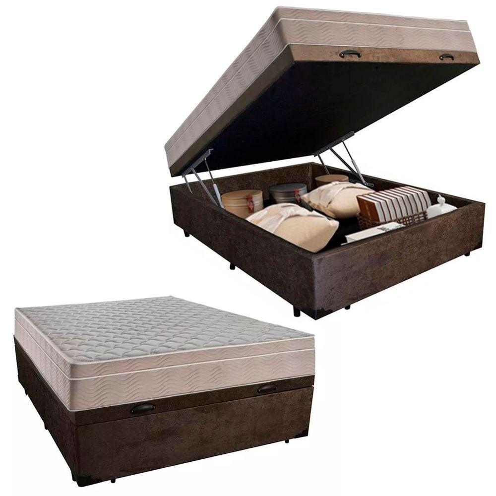 Cama Box Baú Casal Suede + Colchão Sereneprime Molas Ensacadas 138x188x69 Cor:marrom. - 1