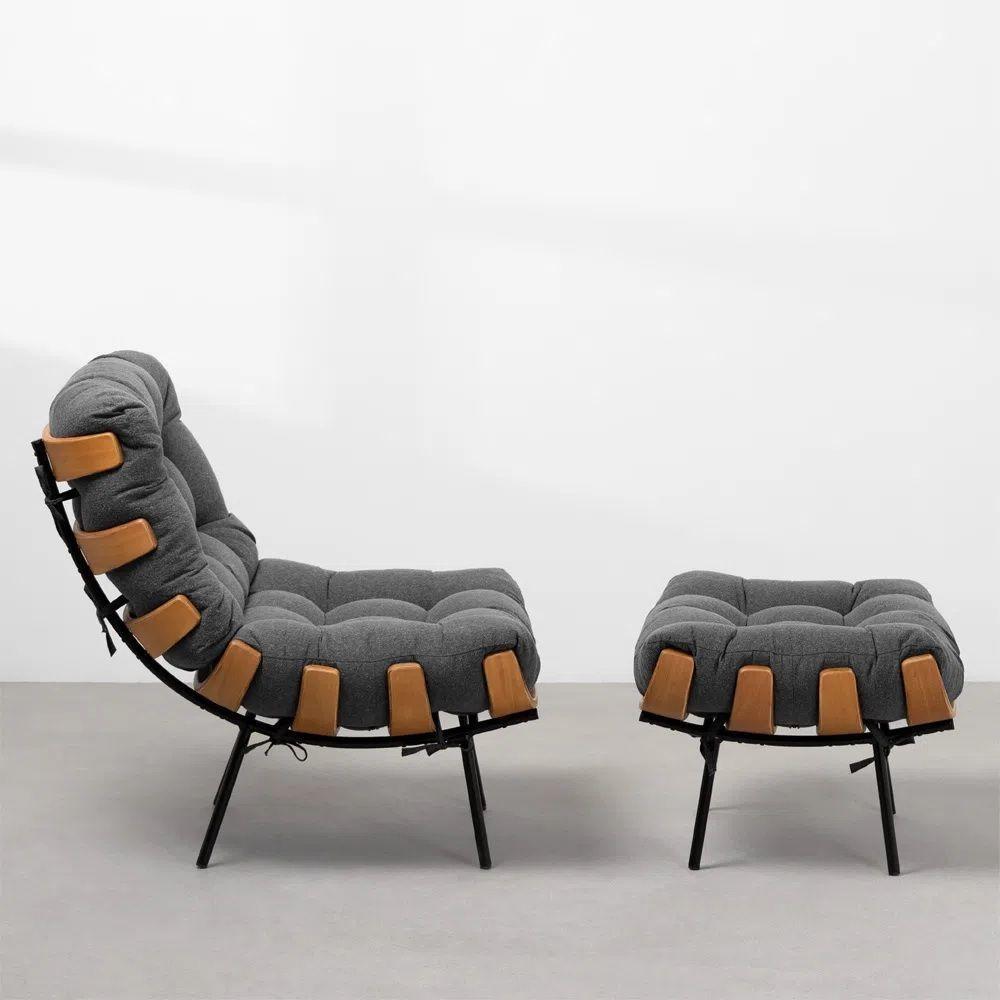 Kit Poltrona Costela Com Puff Para Sala Linho Grafite - 4