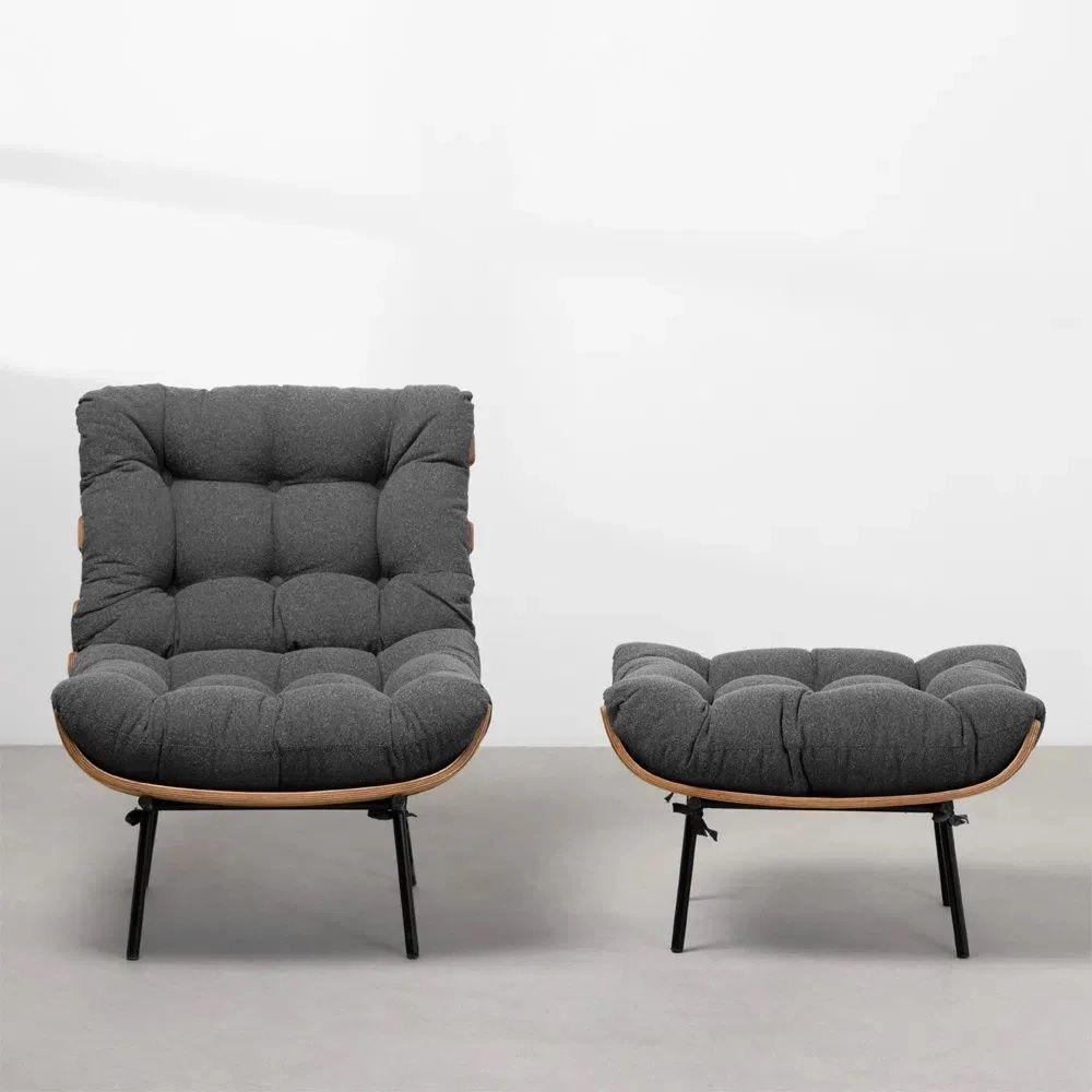 Kit Poltrona Costela Com Puff Para Sala Linho Grafite - 5