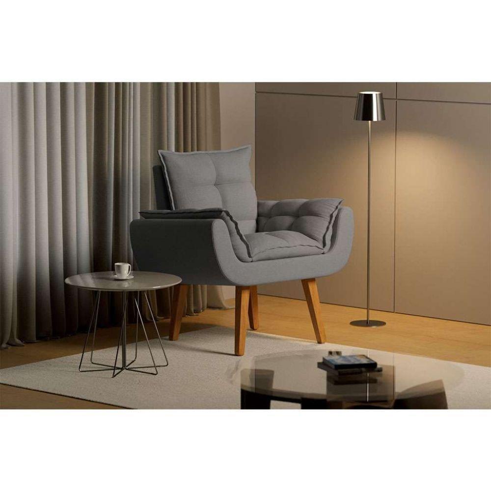 Kit 2 Poltronas Opalas Com Puff Redondo Linho Chumbo - 2