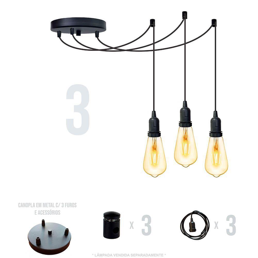 Lustre Aranha Com 3 Pendentes (2m Cabo Preto + Soquetes + Canopla) - 7