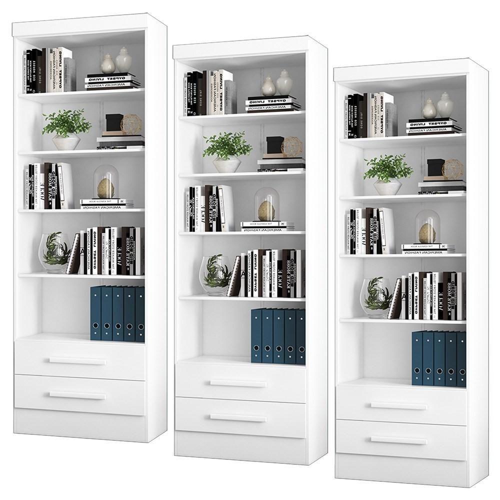 Kit 3 Estantes Livreiro Multiuso 2 Gavetas E 5 Prateleiras Fancy Q01 Branco - Mpozenato - 1