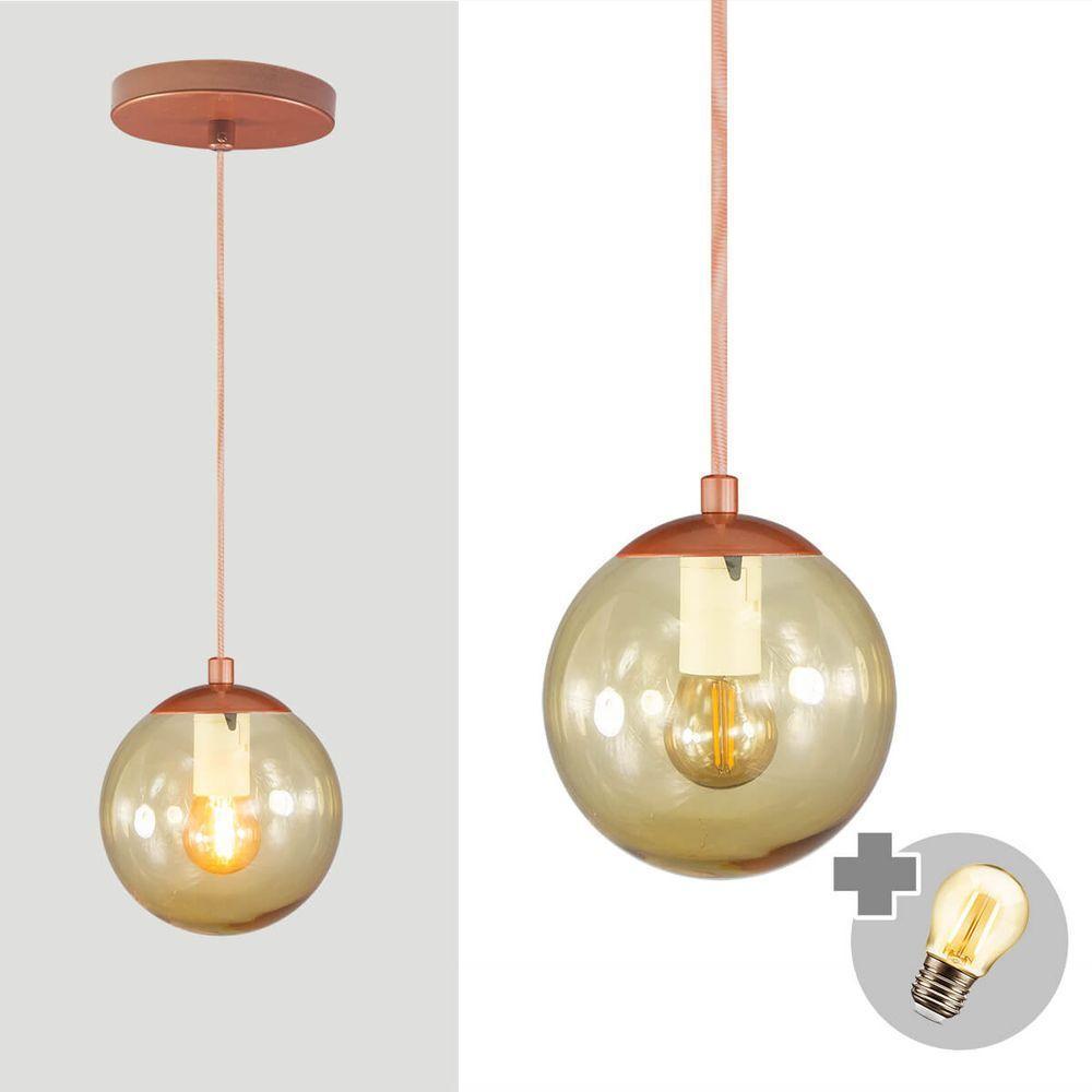 Pendente Bronze C/ Globo De Vidro Ambar De 14cm + Led 2w - 1