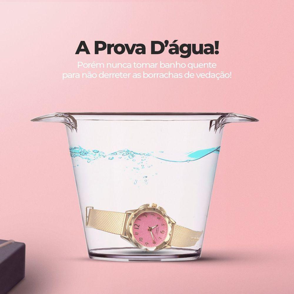 Relogio Feminino Prova Dagua Dourado + Pulseira Casual Moda Coração Silicone Presente - 5