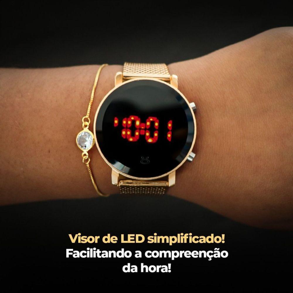 Relogio Dourado Led Aço + Relogio Digital Feminino Silicone Pulseira Ajustavel Casual - 5