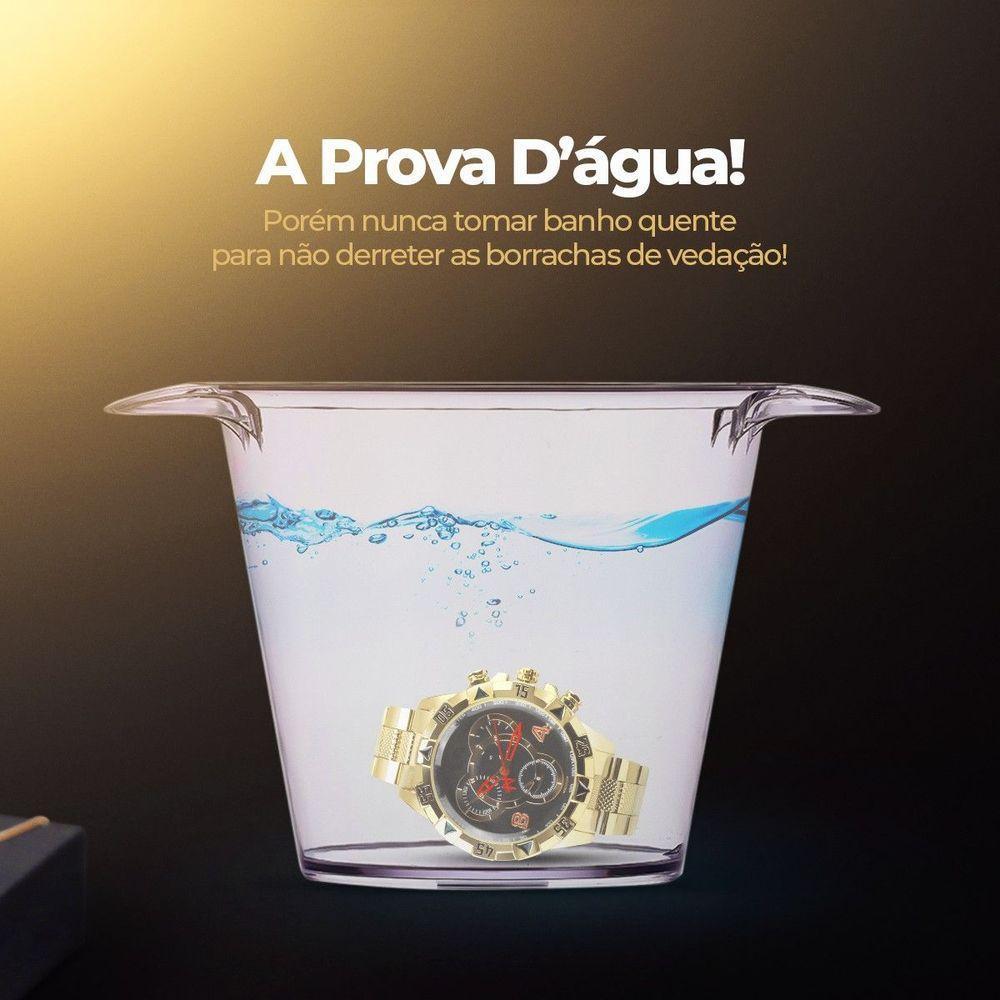 Relogio Prova Dagua Banhado + Caixa + Cordão Cruz + Pulseira Social Robusto Ouro - 8