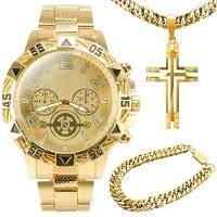 Relogio Aço Banhado Ouro + Crucifixo + Pulseira Pesado Casual Grande Robusto - 1