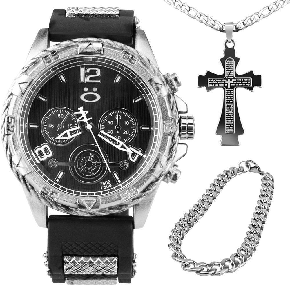 Relogio Masculino Aço Prata + Cordao Crucifixo Pulseira Ajustavel Casual Social Presente - 1