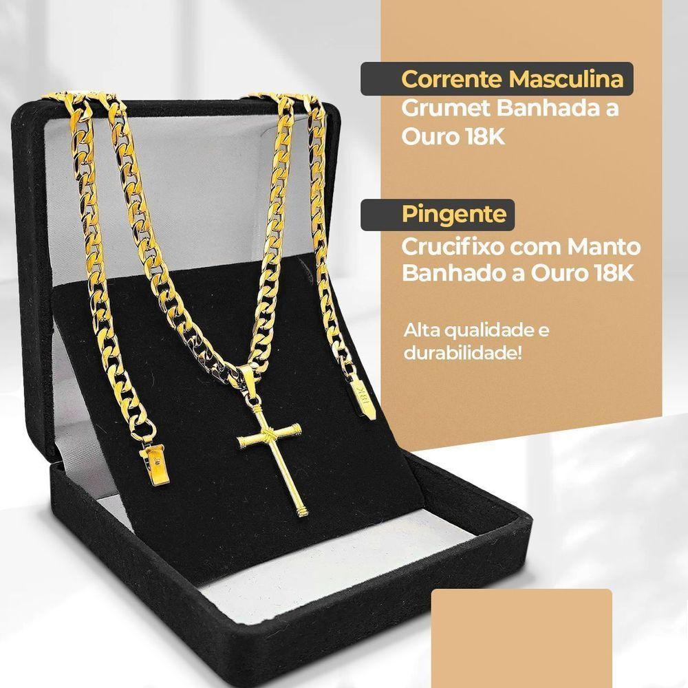 Relogio Masculino Dourado + Cordão Cruz + Pulseira Grumet Religioso Analogico - 6