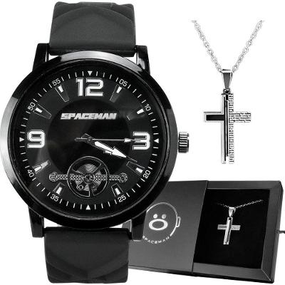 Relogio Masculino Preto Aço Inox + Cordao Prata Silicone Social Relogio Casual Presente
