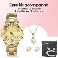 Relógio Feminino Dourado Aço Strass + Caixa + Colar Brincos Social Presente Ouro Casual - 3