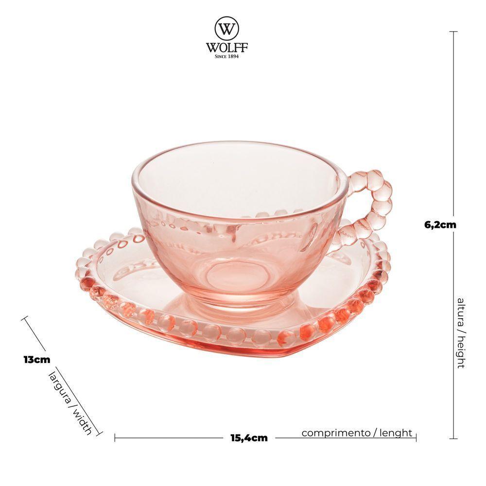 Conjunto Com 4 Xicaras De Cristal 180ml Com Pires Coração Pearl Rosa 28461 - 1