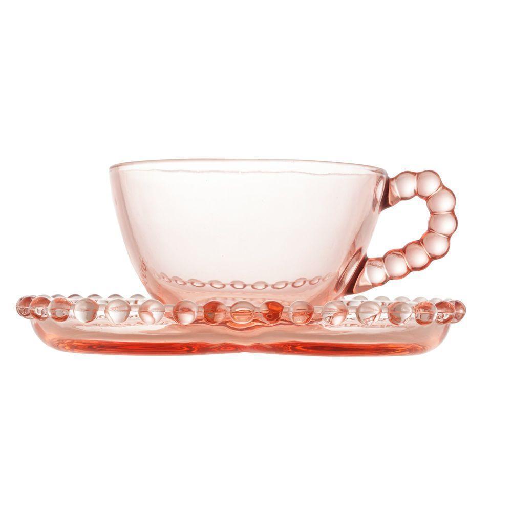 Conjunto Com 4 Xicaras De Cristal 180ml Com Pires Coração Pearl Rosa 28461 - 3