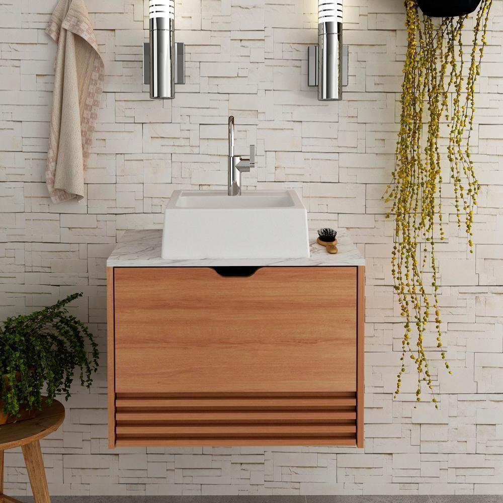 Gabinete Com Cuba Para Banheiro Bn3630x13 Amendoa Marmore Branco Tecno Mobili Amendoa Marmore Branco - 9