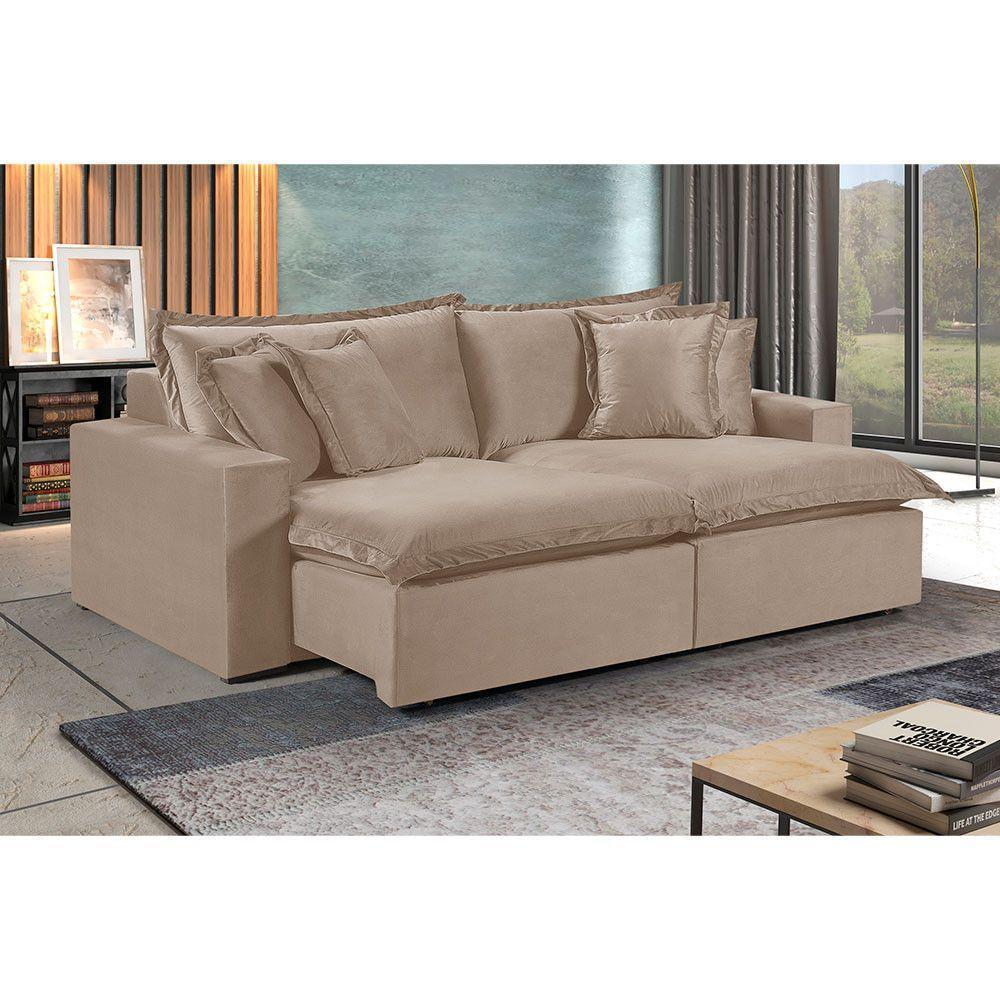 Sofá 3 Lugares Retrátil Encosto Fixo M-145 Veludo Martins Bege - 3