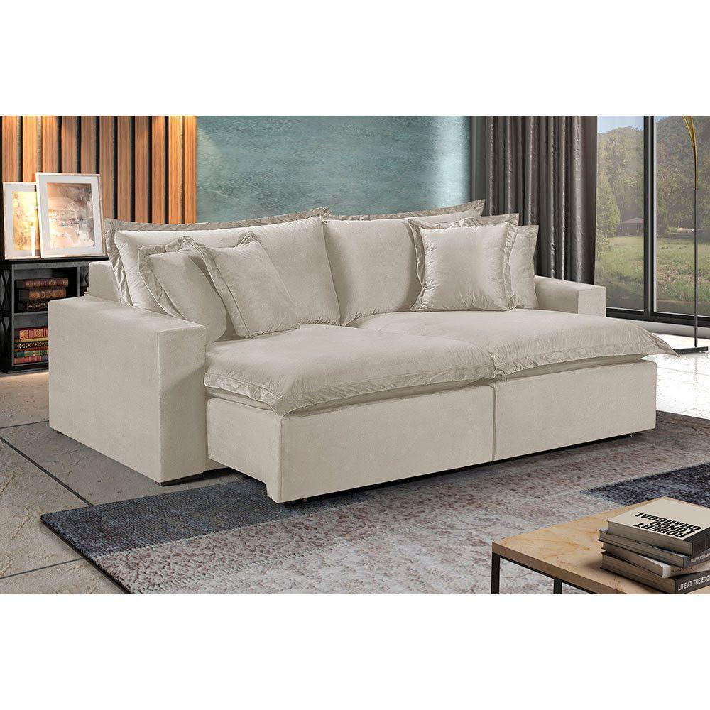 Sofá 3 Lugares Retrátil Encosto Fixo M-145 Veludo Martins Creme - 2